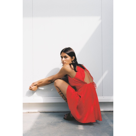 Zara Silky Red Polka Dot Mini Dress Open Back Medium New Tags - Picture 2 of 6